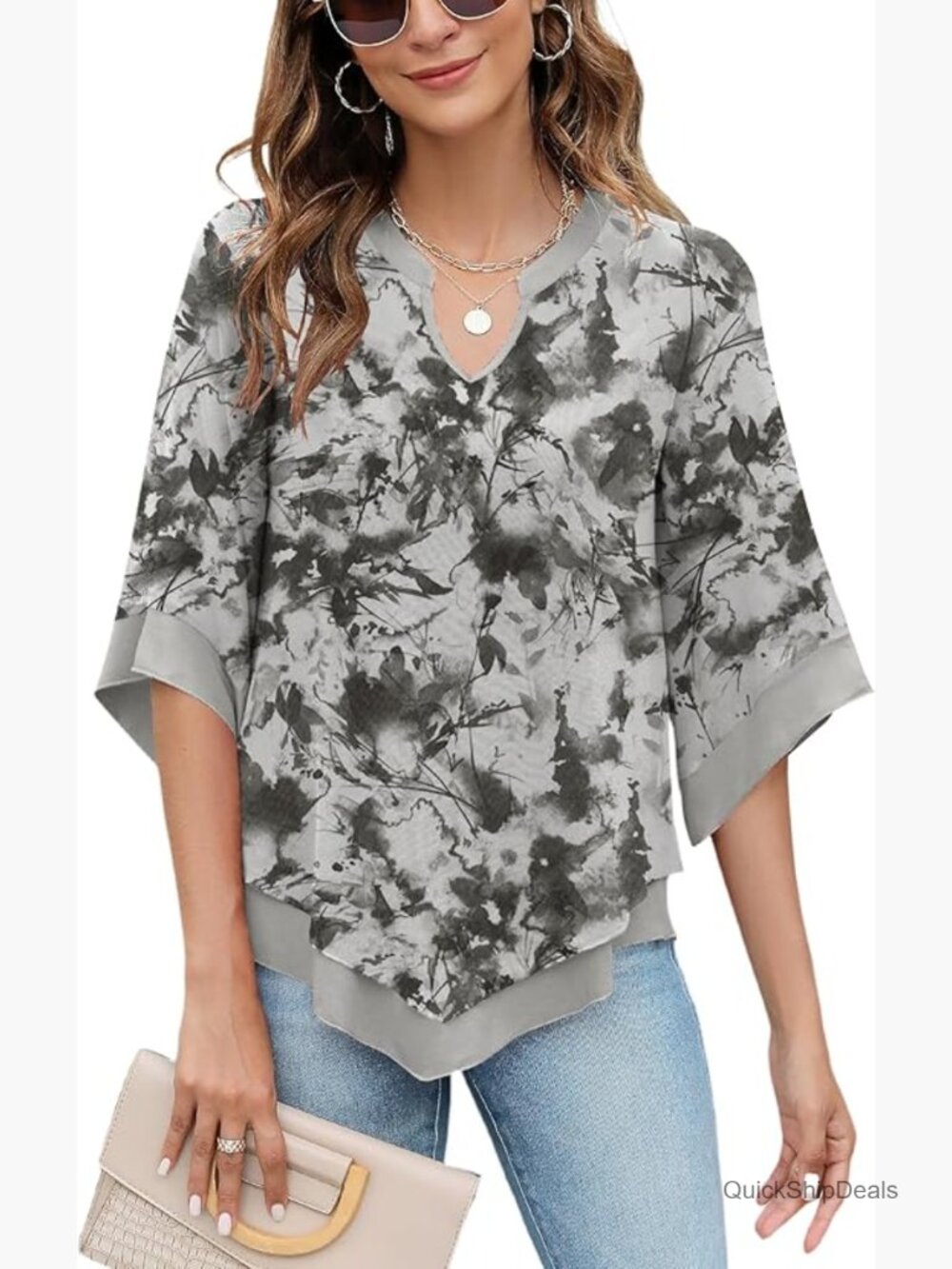 3/4 Sleeve Chiffon Blouse V Neck Double Layer Mesh Tunic Top